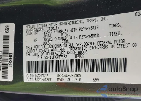 2015 Toyota Tundra Sr5 5.7L V8 из США, поврежденный, VIN 5TFUY5F11FX457293